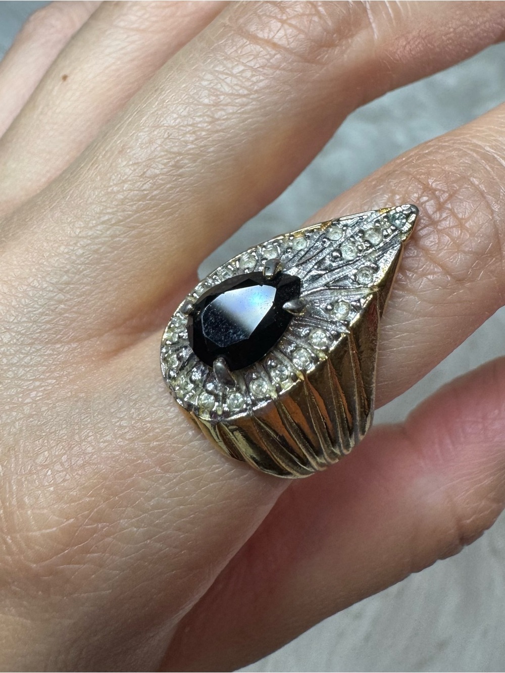 Teardrop Black Stone Halo Cocktail Ring